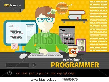 Male programmer with digital devices on workplace