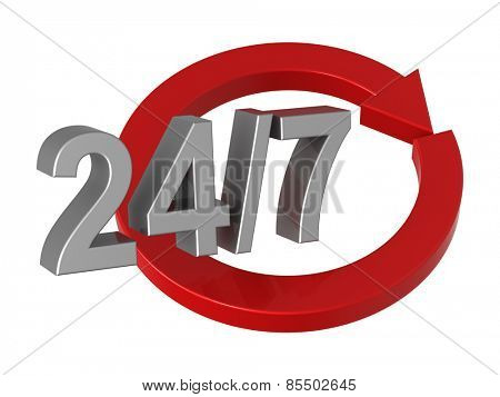 24 hours a day and 7 days a week sign isolated over white. Computer generated 3D photo rendering.
