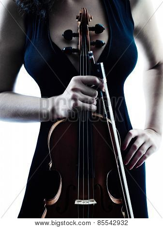 one caucasian Violinist woman player playing violon studio slihouette isolated in white background