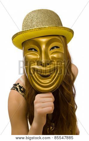 Girl in golden mask isolated on white