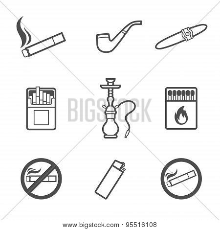 Smoking vector line style icons set. 9 elements