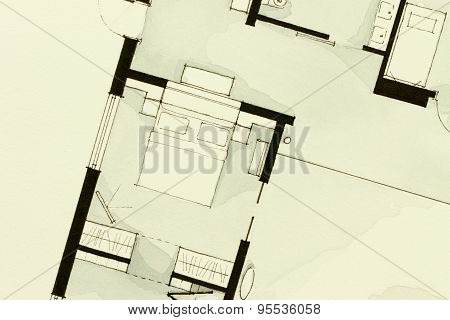 Inspiring black and white watercolor illustrative condo apartment partial real estate floor plan