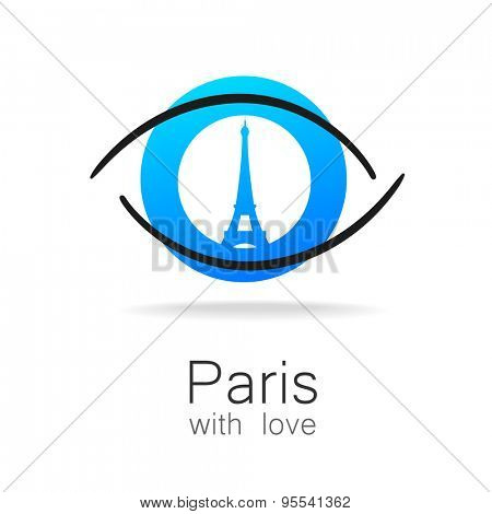 Paris with love - an idea for a design template sign. Silhouette of Eiffel Tower in the reflection eyes.