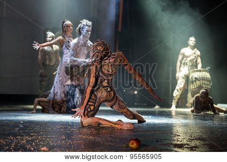 KRAKOW POLAND - JUNE 20 2014: The night of the Music on Szczepanski Square in Cracow. Slavic Prelude perfomed by WATAHA Slavic Drummers and Art Color Ballet shows to the modern viewer colorfull archetype of the Slavic world full of magic