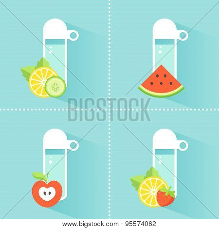 Detox Water Bottles with Mint Leaves, Berry, Fruit and Vegetable Slices. Healthy Diet Concept