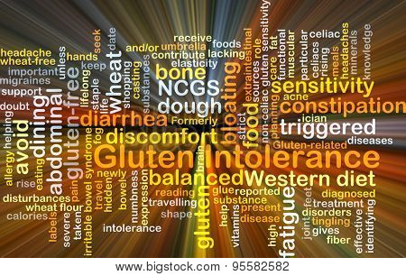 Background concept wordcloud illustration of gluten intolerance glowing light