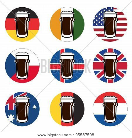 Vector Set Beer Glass With Beer On Background Round National Flags