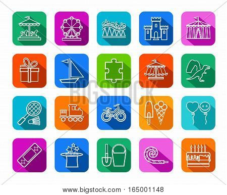 Children's games and entertainment, icons, colored, flat, line, vector. Vector icons of items and objects for children. Children's rest. White linear image on a colored background with a shadow.