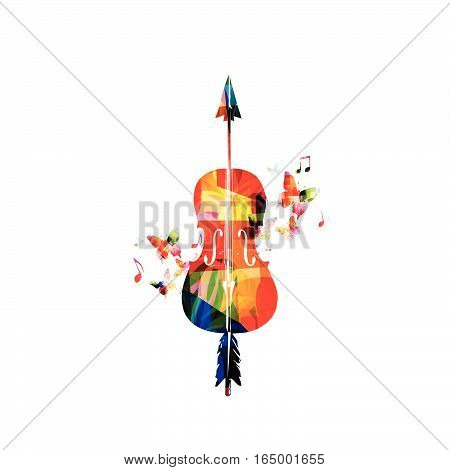 Colorful violoncello with music notes vector illustration. Music instrument background. Cello with arrow design for poster, brochure, invitation, banner, flyer, concert and festival