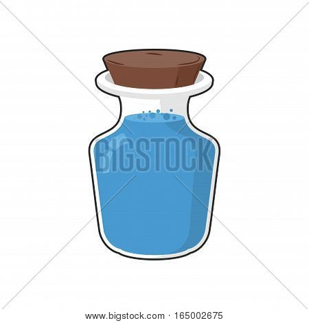 Mana In Bottle. Transparent Glass Bank With Ancient Magic Blue Liquid. Holy Water