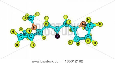 Cuscohygrine is a pyrrolidine alkaloid found in coca. Cuscohygrine usually occurs along with other more potent alkaloids such as atropine or cocaine. 3d illustration