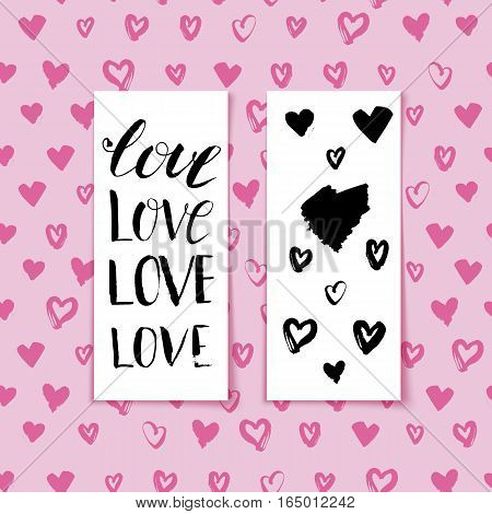 Hand drawn heart banner with letttering Love. Hearts background for Valentines Day. May used for banner, backdrop, flyer, card. Vector illustration