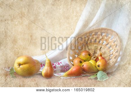 Beautiful ripe pears laid out on a linen towel with beautiful red embroidery.