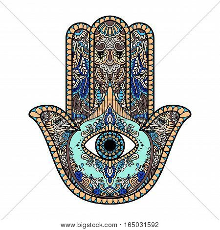 Multicolored Illustration Of A Hamsa Hand Symbol. Hand Of Fatima Religious Sign With All Seeing Eye.