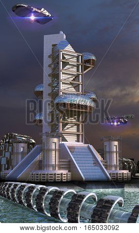 3D Illustration of futuristic architecture in an upper perspective angle with ovoid glass structures and drones flying, for fantasy or science fiction backgrounds