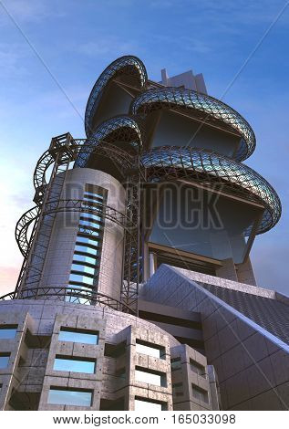 3D Illustration of futuristic architecture in an upper perspective angle with ovoid glass structures, for fantasy or science fiction backgrounds