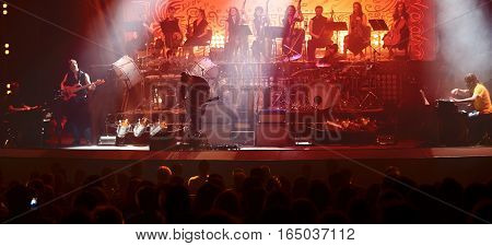 Guitarist performing on stage. Concert. View from the auditorium.