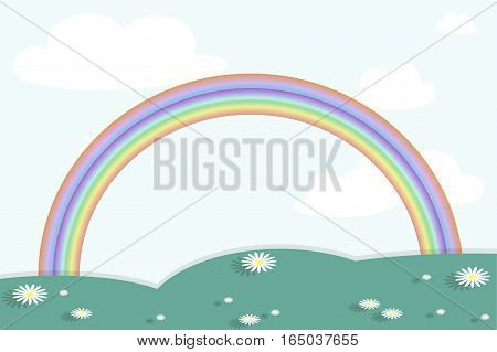 Background with landscape below on blue sky. Green hills, valley with white daisies, clouds, rainbow. Modern flat design element, stock vector illustration