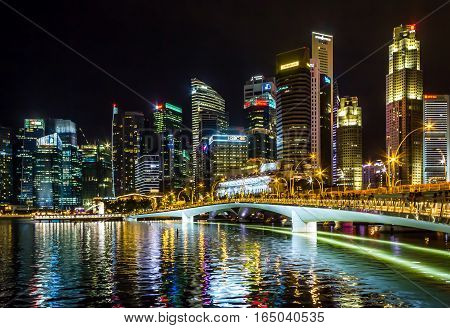 Singapore - December 25 2016: Singapore Cityscape Financial building nightfall