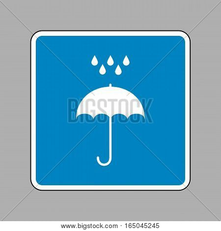 Umbrella with water drops. Rain protection symbol. Flat design style. White icon on blue sign as background.