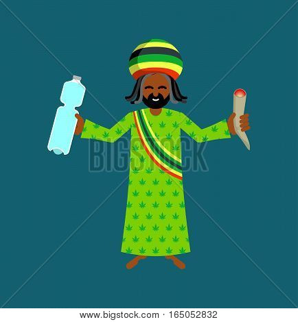 Jah God For Rastafarian. Rasta Hat And Deredy. Bottle Of Water And Joint Or Spliff. Jamaican Deity