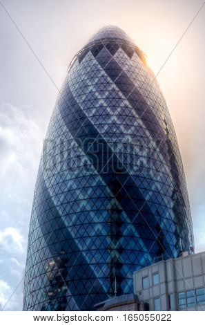London, UK - April 3, 2016: The Gherkin building or '30 St Mary Axe' in the City of London primary financial district