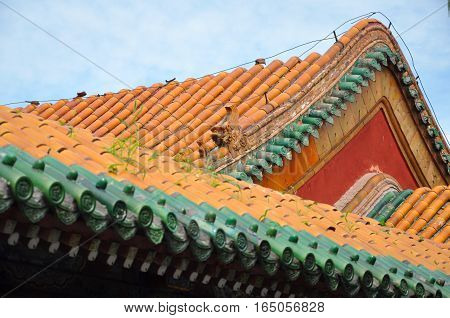 Roof in detail in the Shenyang Imperial Palace Mukden Palace, Shenyang, Liaoning Province, China. Shenyang Imperial Palace is UNESCO world heritage site built in 400 years ago.