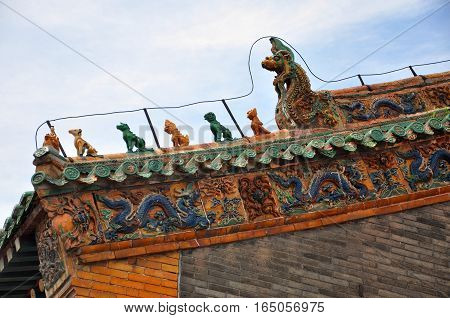 Colored glazed decoration of Chongzheng Hall in the center of Shenyang Imperial Palace (Mukden Palace), Shenyang, Liaoning Province, China. Shenyang Imperial Palace is UNESCO world heritage site.