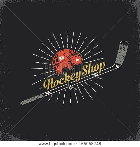 Retro logo for the hockey shop - stick helmet and inscription. Layered vector illustration - grunge texture text background separately and can be easily disabled.