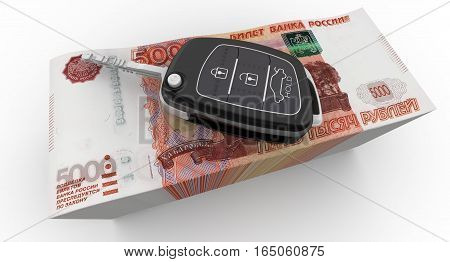 Money for car. Car key fob is on a pile of Russian rubles. Isolated. 3D Illustration