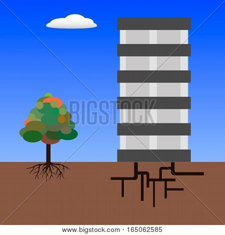 Tree with root and building with underground equipment