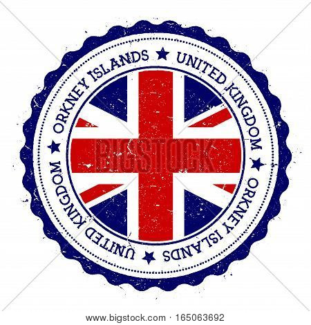 Orkney Islands Flag Badge. Vintage Travel Stamp With Circular Text, Stars And Island Flag Inside It.