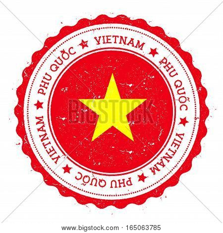 Phu Quốc Flag Badge. Vintage Travel Stamp With Circular Text, Stars And Island Flag Inside It. Vecto