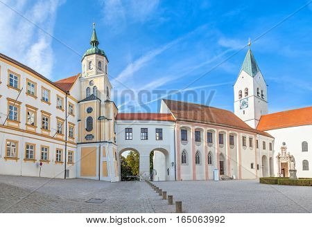 Buildings on the square in front of Freising Cathedral Freising Bavaria Germany