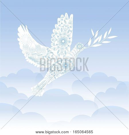 Stylized ornamental white pigeon with olive branch on blue sky background, stock vector illustration