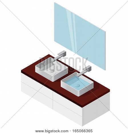 Bathroom sinks with mirror. Isometric basin with tap and water. Kitchen interior info graphic element on white. Illustration household article. Pictogram domestic cleaner set. Isolated master vector.