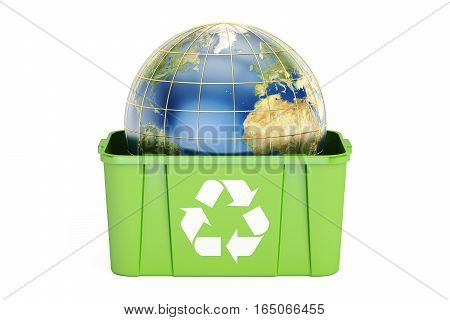 recycling bin with Earth 3D rendering isolated on white background
