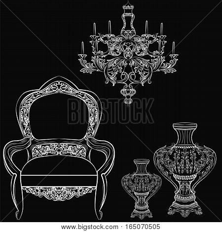 Exquisite Fabulous Imperial Baroque chair and accesories set. Vector French Luxury rich intricate ornamented structure. Victorian Royal Style decor
