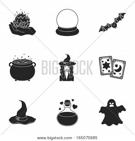 Black and white magic set icons in black style. Big collection of black and white magic vector symbol stock