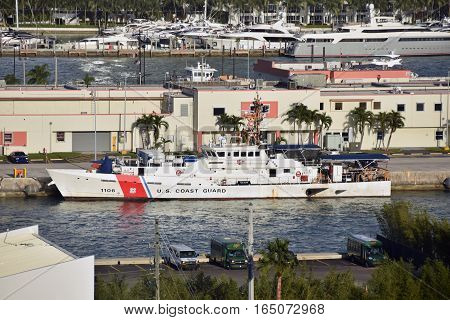 MIAMI - January 5 2017: US Coast Guard vessels prepares for patrol from its home base in Miami. Vessels perform routine partols of the Florida Straits