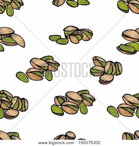 Pistachios pattern including seamless on white background. Hand drawn Pistachios vector. Pistachios seeds with clipping path.
