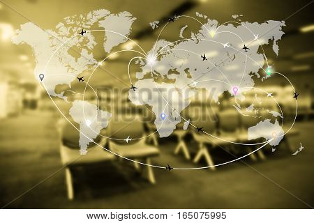 Abstract Blurred Airport Terminal Interior With World Map Of Flight Routes Airplanes Network. Global