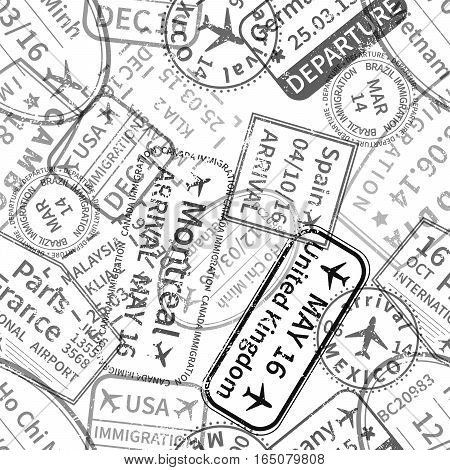 Many black International travel visa rubber stamps imprints on white seamless pattern