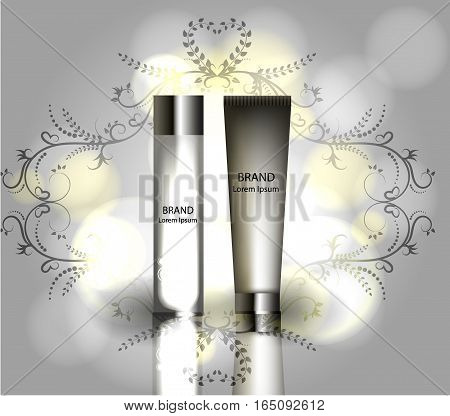cream ads, makeup tube template with sparkling effect. 3D illustration. Camelia elixir.