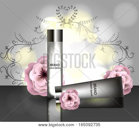 cream ads, makeup tube template with sparkling effect. 3D illustration. Camelia elixir.