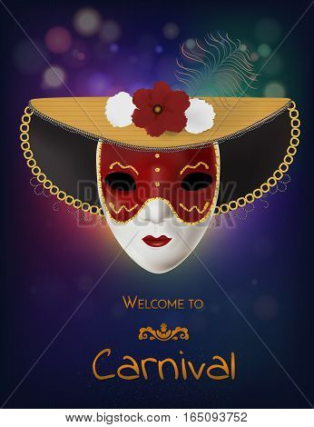 Vector carnival mask with flowers and feathers. Invitation to carnival with colorful shiny background and venetian red mask.