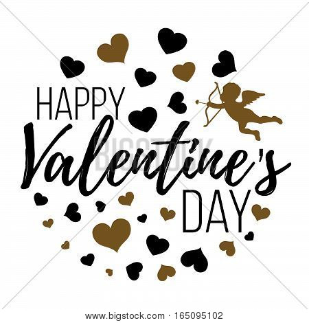 Happy Valentines Day Cards With Hearts, Angel And Arrow. Isolated Vector Illustration.