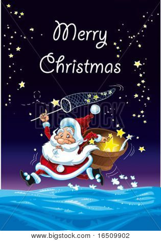 Santa Claus und die Sterne. Lustige Cartoons und Vektor-illustration