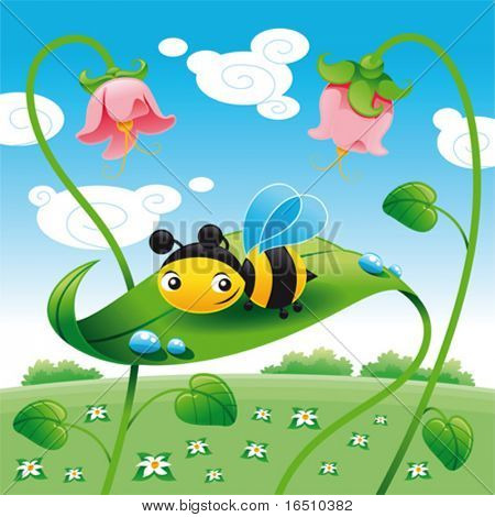 Abeja en la hoja de la hoja. Ilustración de dibujos animados y vector