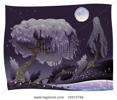 Panorama di notte con il fiume. Illustrazione vettoriale.